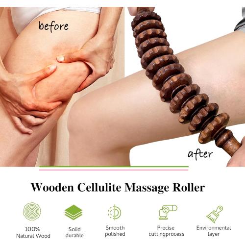 Wooden Curved Handheld Roller Stick Massager - 12 Rollers Wood Therapy Tool for Trigger Point, Fascia & Cellulite Reduction, Lymphatic Drainage, Muscle Tension Relief & Body Shaping (Brown)