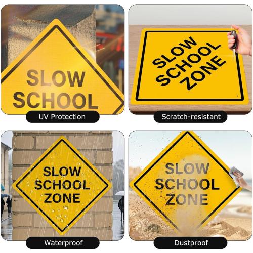 Slow School Zone Sign 24 × 24 Inches Reflective Waterproof Fade Resistant Rust Free Aluminum Metal Safety Warning Signage with Pre-Drilled Holes for Driveways Roads Streets