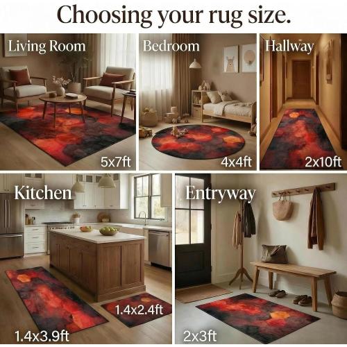 Fiery red Brown Burnt Orange Copper Black Abstract Geometric Shape Rug 5x7 Rug Area Rugs for Living Room Bedroom Aesthetic Dining Room Machine Washable Throw Rugs Carpet Indoor Non-Slip Floor Mat