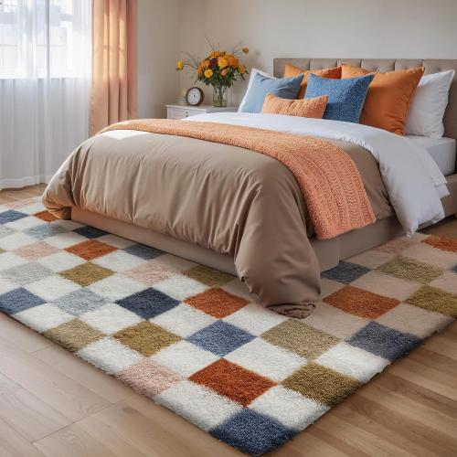 Checkered Rug 8x10 for Living Room, Modern Rainbow Shag Rug Washable Non-Slip Large Area Rug Super Soft Indoor Fuzzy Carpet Fluffy Rugs for Bedroom Home Aesthetic Decor
