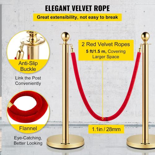 VEVOR Stanchions and Velvet Ropes 4Pcs, Solid Base with Stainless Steel Post, 5ft Red Velvet Ropes and Posts, Crowd Control Barriers Gold Stanchions, Red Carpet Runner Poles for Party Supplies