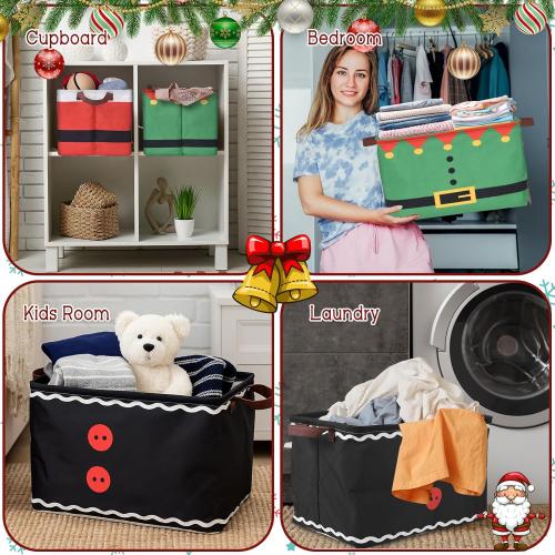 Bokon 3 Pack Christmas Storage Basket for Gifts Empty Collapsible Large Xmas Storage Bins Canvas Foldable Laundry Basket with Handle Clothes Containers for Office Home Bedroom(Santa Suit)