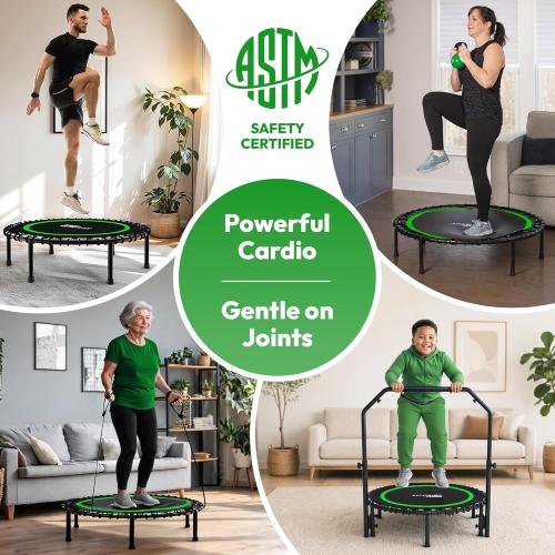 Mini Rebounder Trampoline for Adults, Fitness Trampoline with Bar | 450/550 lbs Exercise Trampoline with Adjustable Handle, 40/48 in for Indoor/Outdoor Workouts