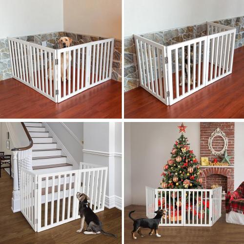 ZJSF Freestanding Indoor Dog Gate for House Foldable Wood White Puppy Gate for Doorways Pet Gate for Stairs Extra Wide Pet Fence 24 Height 3 Panels