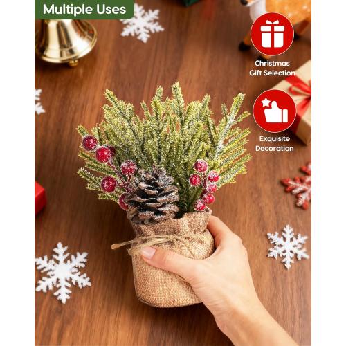 Velener Artificial Christmas Flowers for Outdoor-3 Pcs Faux Pine Branches with Red Berries & Pinecones, Fake Christmas Greenery Stems with Burlap Bag Vase, Winter Norfolk Pine Branches for Indoor