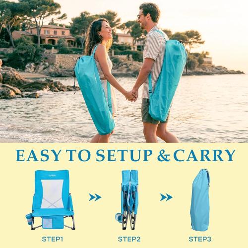 Low Folding Beach Chairs for Adults, Portable Lightweight Sling Beach Camping Chair with Cup Holder,Armrest,Foldable Camp Lawn Chair for Outdoor Sand Concert Travel Sport Events