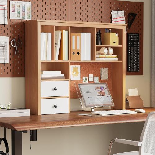 Treocho Desktop Hutch Bookshelf with Cork Board for Photos and Reminders, Maple Desk Organizer with Drawers and Shelves, Study Desk Hutch for College Dorm, Student Bedroom, Compact Study Spaces