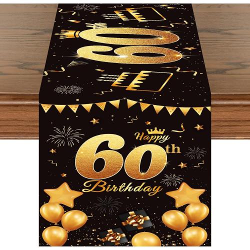 Happy 60th Birthday Table Runner Black Gold 72 Inch Long Celebrate 60th Birthday Table Runner for 60 Years Old Men Women Anniversary Party Decor Non-Slip Dining Table Linen Cloth Decorations