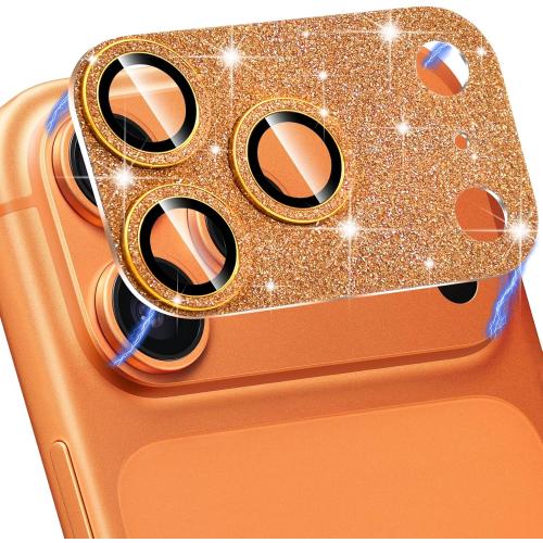 Compatible with iphone 17 Pro Max Camera Lens Protector, Bling Glitter 9H Tempered Glass Anti Scratch Full Protective Len Cover, Orange