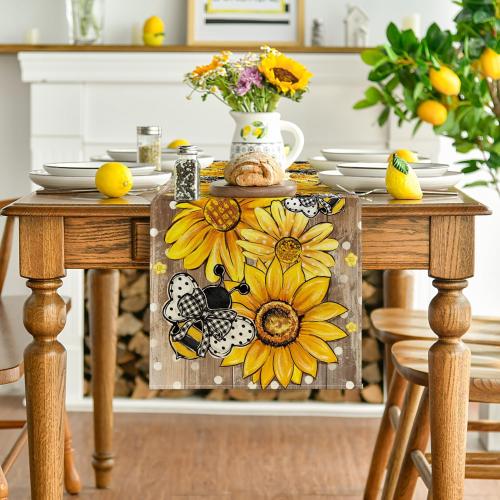 Artoid Mode Wood Sunflower Bee Flower Polka Dot Summer Table Runner, Seasonal Kitchen Dining Table Decoration for Indoor Party Home 13x72 Inch