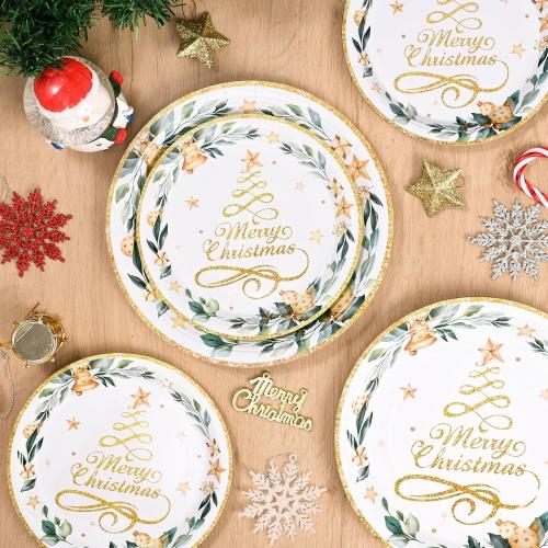 Homlouue 200 Pcs Christmas Paper Plates and Napkins, Christmas Tree Gold Plates and Napkins Disposable, Christmas Dinner Plates and Napkins Serve 50 Guest, Christmas Party Table Decorations