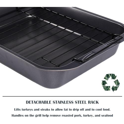 Bakeware Nonstick Roaster, Nonstick Roasting Pan with Rack, Great For Roast Chicken, Roasts And Turkeys - 15 Inch x 11 Inch (5.8 QT), Gray