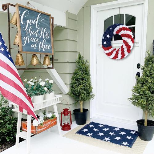 18Inch 4th of July Patriotic Roses Wreath, DILIBRA Red Blue White Foam Flower Wreath for Front Door, Artificial Memorial Day American Flag Wreath Garland Decoration for Indoor and Outdoor