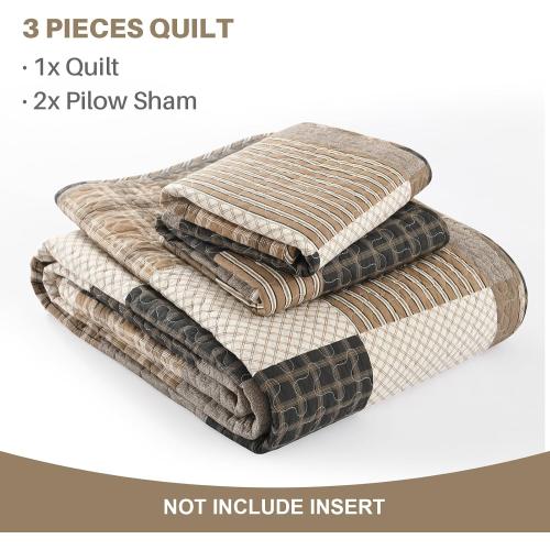 Plaid King Quilt Set - 100% Cotton Quilts, King Quilt Bedding Set, Farmhouse Patchwork Quilt, Lightweight Bedspread Coverlet for All Seasons, Brown, 3 Piece, 98x106