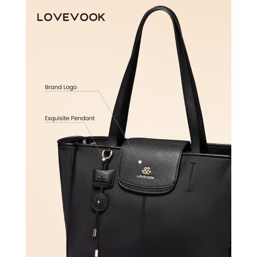 LOVEVOOK Laptop Tote Bag for Women,Nylon Work Totes with 15.6 Inch Laptop Compartments, Lightweight Computer Purse with Large Cup Holder,Travel Tote with Luggage Straps***Black