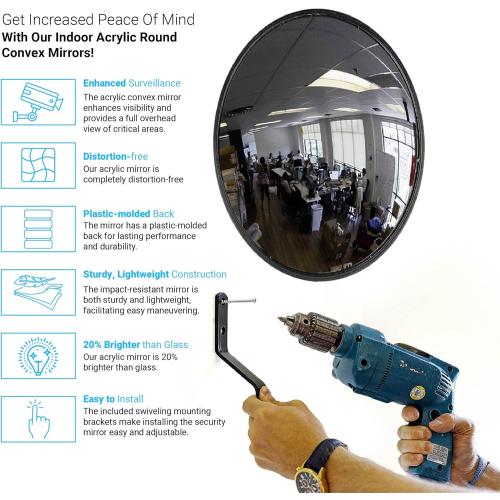 12” Acrylic Indoor Convex Mirror With Plastic Back, Round Indoor Security Mirror for the Garage Blind Spot, Store Safety, Warehouse Side View, Wall Mirror for Personal or Office Use - Vision Metalizers,Black