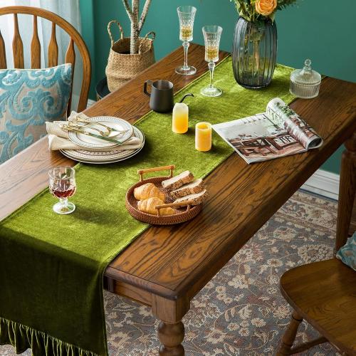 Velvet Table Runner Soft Decorative Luxurious Solid 72 Inches Long Tablecloth with Retro Ruffle Flounces Table Runner Dresser Scarves for Kitchen Dining Room Coffee Table Olive Green,14x72 Inch