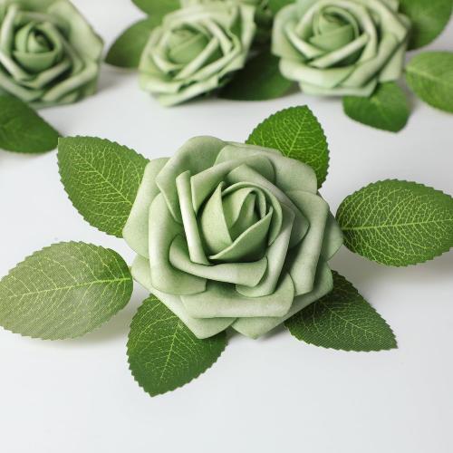 Mocoosy 50Pcs Rose Artificial Flowers, Sage Green Fake Roses for Decorations, Real Touch Elf Green Foam Roses with Stems DIY Wedding Bouquet Bridal Shower Centerpieces Floral Arrangements Home Decor