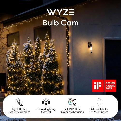 WYZE Bulb Cam Security Camera, 2K HD Outdoor Light Bulb Camera, Color Night Vision, Dimmable LED Bulb, Motion Detection, Siren Alarm, Works w/Alexa/Google Assistant. Free Expert Support
