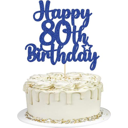 Gyufise 1Pc Happy 80th Birthday Cake Topper Glitter Cheers to 80 Years Old Birthday Cake Pick for Happy 80th Birthday Anniversary Party Cake Decorations Supplies Blue
