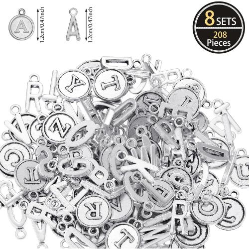 Yinkin 8 SetsMixed Alphabet Charms Round Letter Pendants A-Z Initial Letter Metal Charms for Jewelry Making and DIY Crafting(Ancient Silver)