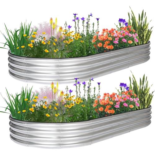 JERIA 2 Pcs 8×4×1ft Oval Raised Garden Bed,Galvanized Raised Garden Bed Kit Outdoor Metal Gardening Planter Box for Vegetable, Fruits, Flower，Herbs