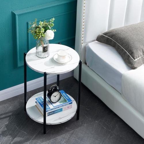 Faux Marble End Table White Black Side Table Marble Nightstand for Living Room or Bedroom Modern Accent Table with Black Metal Frame (1 pcs Black, Round)