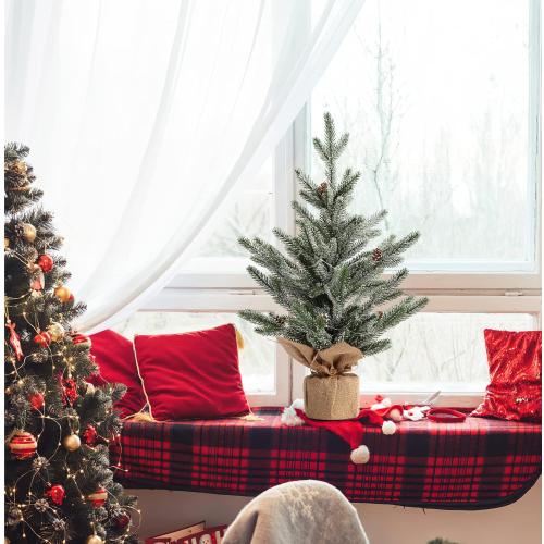 LinTimes 24 Inch Table Top Small Christmas Tree with 50 LED Lights, Prelit Mini Christmas Tree Frosted Pine Tree with Red Berries for Home Table Centerpiece Dining Room Office Desk Decorations