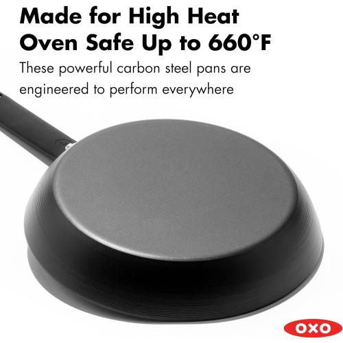 OXO Obsidian 10 Carbon Steel Frying Pan, Pre-Seasoned Skillet, Builds Natural Nonstick with Use, Induction Ready, Oven Safe, Removable Silicone Handle