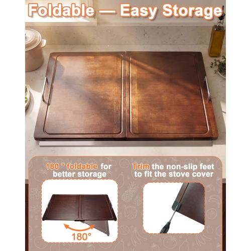 Foldable Noodle Board Stove Cover: 29.5 x 22 in Bamboo Stove Top Covers with Handle for Electric ＆ Gas Stoves,Serving Tray - Beautify Kitchen & Expand Prep Space