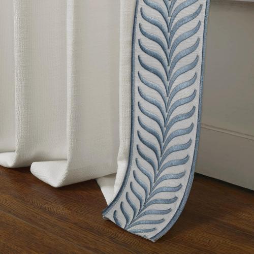 Pinch Pleated Drapes with Blue Embroidered Trim Faux Linen Pinch Pleat Lined Curtains for Sliding Glass Door, 50W x 108L, Beige White V2, 2 Panels