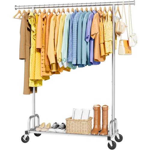 Sakugi Clothes Rack - Large-Capacity Clothing Racks for Hanging Clothes with Lockable Wheels, Space-Saving Metal Coat Rack for Bedroom, Laundry Room, Entryway, 45.6 x 16.9 x 59, Silver