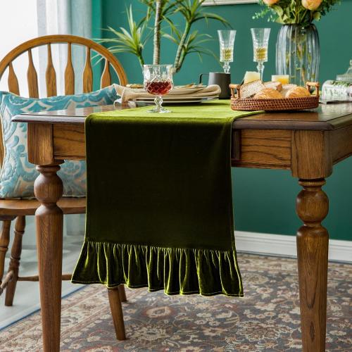 Velvet Table Runner Soft Decorative Luxurious Solid 72 Inches Long Tablecloth with Retro Ruffle Flounces Table Runner Dresser Scarves for Kitchen Dining Room Coffee Table Olive Green,14x72 Inch
