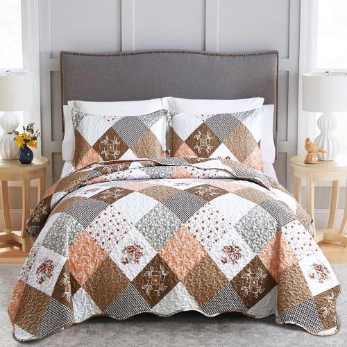Dinjoy Floral Plaid Patchwork Quilt Set California King Size, Reversible Brown Bedding Set Soft Microfiber Lightweight Bedspread Coverlet 3 Piece Fall Autumn Use(106x96 inches, Cal King)
