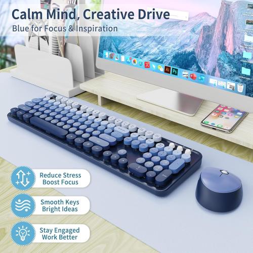Nowlike Wireless Keyboard and Mouse Combo, Retro Typewriter Keyboard with Round Keycaps, Full-Size Ergonomic, Blue, Ideal for Windows PC, Home, Office, and College, Wireless Keyboard Mouse Combo