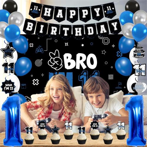Vlipoeasn 11th Birthday Decorations Set for Boys Girls, 37PCS Black Blue 11 Year Old Birthday Backdrop Banner, Black Blue Bruh I'm 11 Party Supplies