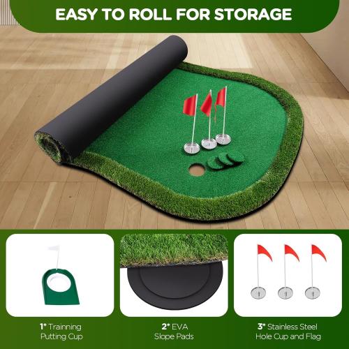 Golf Putting Green Indoor Outdoor Putting matt Professional Training Mat Practice Putting Mat with 3 Flags 1 Movable Cup 2 Slope Pad 5x10ft