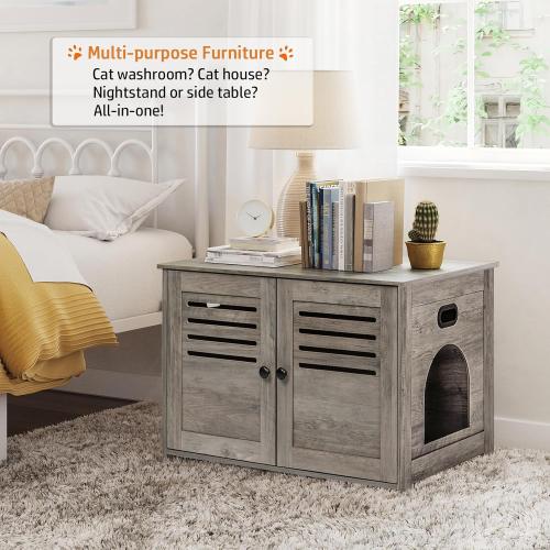 DINZI LVJ Litter Box Enclosure, Cat Litter House with Louvered Doors, Entrance Can Be on Left or Right Side, Spacious Hidden Washroom for Most of Box, Furniture Cabinet, Gray Wash