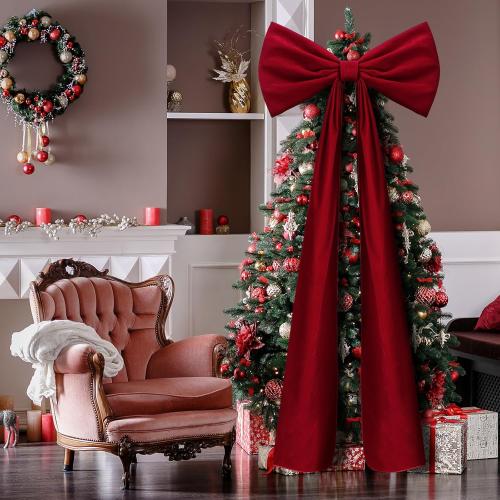 20 x 71 Inches Christmas Extra Large Velvet Bows Christmas Tree Topper Decor Giant Xmas Tree Toppers Bows for Home Wreath Wall Backdrop Birthday Wedding Party Decorations(Deep Red)