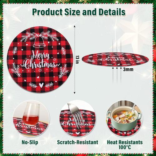 Christmas Placemats Set of 6 Round Holiday Table Mats 13 Inch Heat Resistant Wipeable Waterproof Placemats Washable Xmas Bell Dining Table Mats for Home Kitchen Parties Decor Merry Christmas Placemats
