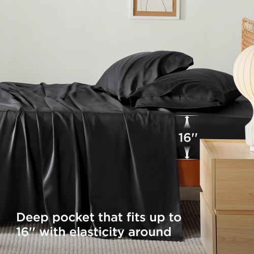 Bedsure Queen Sheets, Rayon Derived from Bamboo, Queen Cooling Sheet Set, Deep Pocket Up to 16, Breathable & Soft Bed Sheets, Hotel Luxury Silky Bedding Sheets & Pillowcases, Black