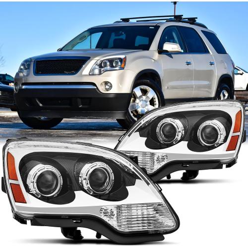 Pair Headlights Assembly W/Bulbs For 2007 2008 2009 2010 2011 2012 GMC Acadia SLE SLT Denali Sport Chrome Housing Amber Reflector OE Halogen Type Headlamps Driver and Passenger Side(LH&RH)