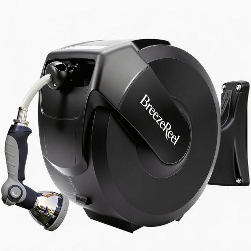 Retractable Garden Hose Reel 1/2 inch x 100ft, 3-Ply Reinforced Heavy Duty, Any Length Lock, 180° Swivel Bracket, Slow Return, Auto-Layering, 10 Spray Patterns for Outdoor Watering