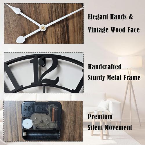 Large Metal Wall Clock, 30 Inch Retro Decorative Silent, Non Ticking, Battery Operated Modern Big Wood Wall Clock for Living Room, Farmhouse, Bedroom, Fireplace, Kitchen, Office, Home Decor