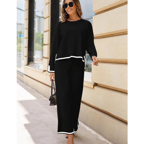 Tanming Women's 2 Piece Outfits Long Sleeve Knit Sweater Top Wide Leg Pants Lounge Sets Tracksuits Large