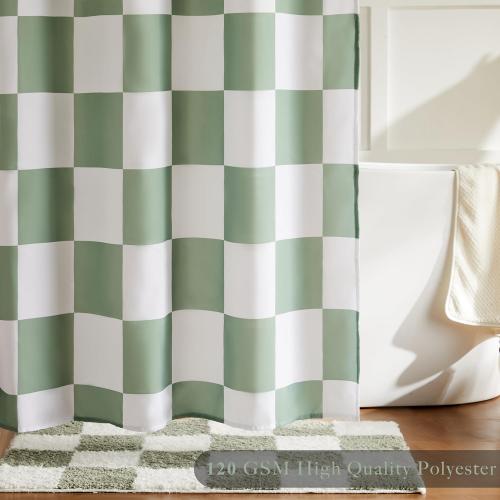 Checkered Shower Curtain, Sage Green Shower Curtains for Bathroom, Cute Retro Checkboard Shower Curtain Vintage Aesthetic, Washable Fabric Bath Curtain 72''x72''