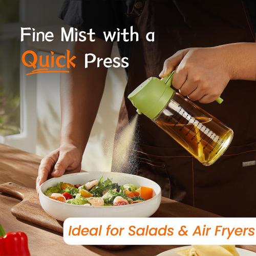 TrendPlain 16oz/470ml Glass Olive Oil Sprayer for Cooking – 2 in 1 Olive Oil Dispenser Bottle for Kitchen Gadgets and Air Fryer Accessories, Salad, BBQ - Black & Green