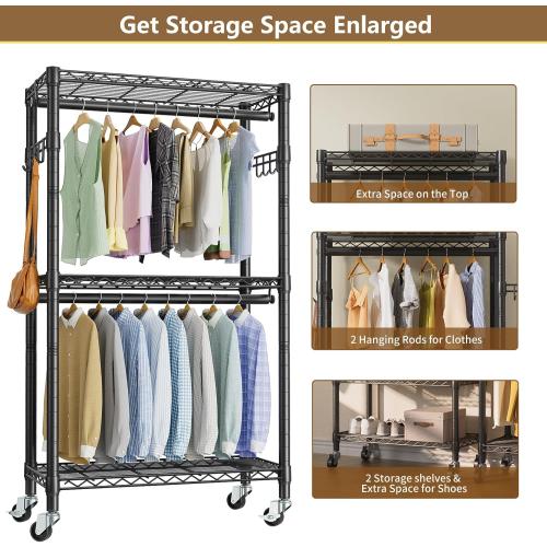 Heavy Duty Clothes Rack Rolling Garment Rack,3 Tier Adjustable Wire Shelving Clothing Racks for Hanging Clothes with Double Rods&Side Hooks,Freestanding Wardrobe Storage Rack Metal Portable Closet