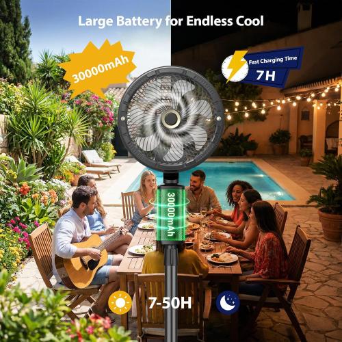 Ausic Outdoor Misting Fan for Patio, 30000mAh Rechargeable Oscillating Fan | Battery Powered Cordless Pedestal Fan, 12 Standing Fan with Remote/ Mister for Camping/Backyard