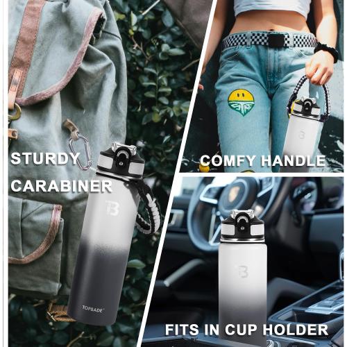 TOPBADE 32oz Insulated Water Bottle with Straw Lid & Spout Lid & Paracord Handle, Stainless Steel Water Bottle Wide Mouth, Double Wall for Women Men Gym Fitness Outdoor